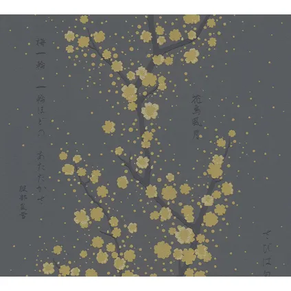 A.S. Création behangpapier bloesemtakken antraciet grijs en goud - 53 cm x 10,05 m 2
