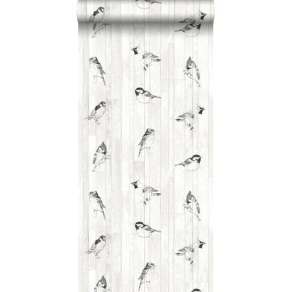 ESTAhome behang pengetekende vogels op sloophout planken zwart en mat wit