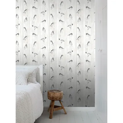 ESTAhome behang pengetekende vogels op sloophout planken zwart en mat wit 5
