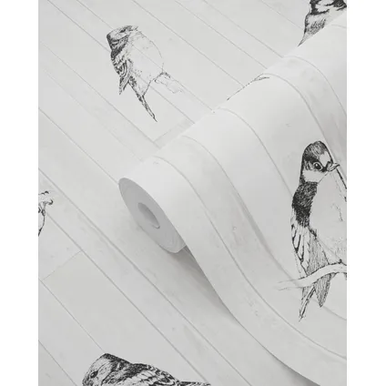 ESTAhome behang pengetekende vogels op sloophout planken zwart en mat wit 8