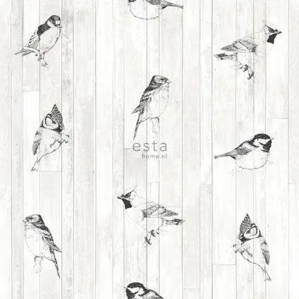 ESTAhome behang pengetekende vogels op sloophout planken zwart en mat wit 9
