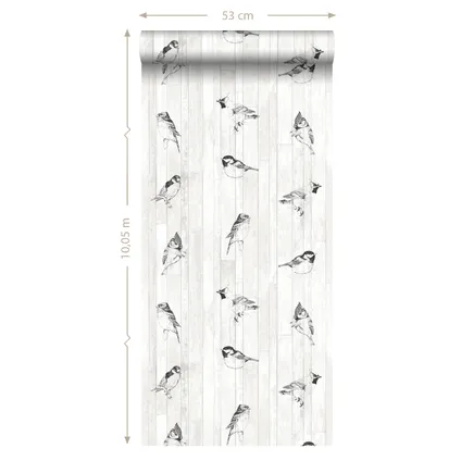 ESTAhome behang pengetekende vogels op sloophout planken zwart en mat wit 10