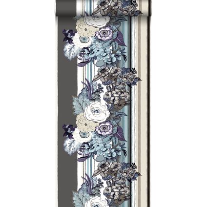 ESTAhome behang vintage bloemen taupe en donker paars - 53 cm x 10,05 m - 138117