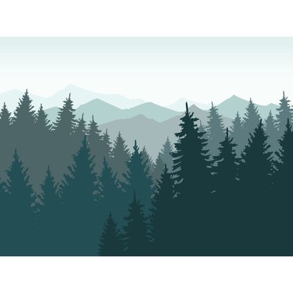 Sanders & Sanders fotobehang berglandschap met bomen vergrijsd blauw - 3,6 x 2,7 m