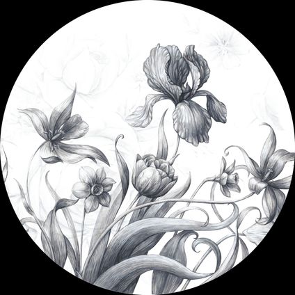 Sanders & Sanders zelfklevende behangcirkel bloemen zwart wit - Ø 140 cm - 601136