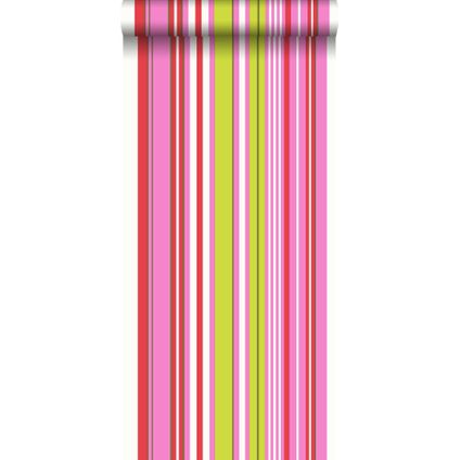 ESTAhome behangpapier strepen limegroen en roze - 53 cm x 10,05 m - 116532