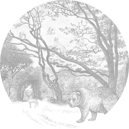 ESTAhome papier peint panoramique rond adhésif forêt avec des animaux de la forêt gris - Ø 70 cm