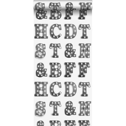 ESTAhome behang houten licht letters zwart en wit - 0,53 x 10,05 m - 138849