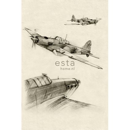 ESTAhome fotobehang getekende vliegtuigen beige en grijs - 186 cm x 2,79 m - 158805