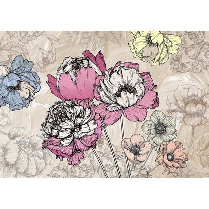 Sanders & Sanders fotobehangpapier bloemen beige, roze en blauw - 360 x 270 cm