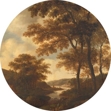 ESTAhome zelfklevende behangcirkel bosrijk landschap oranje - Ø 140 cm - 159012