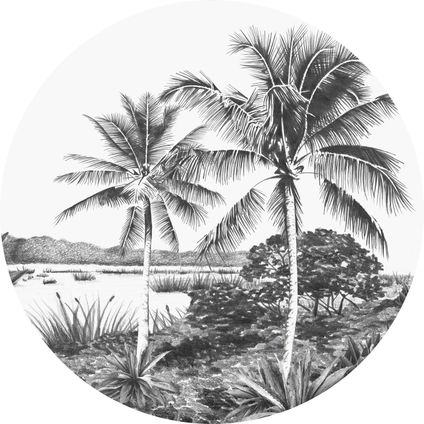 ESTAhome papier peint panoramique rond adhésif paysage tropical avec des palmiers noir et blanc