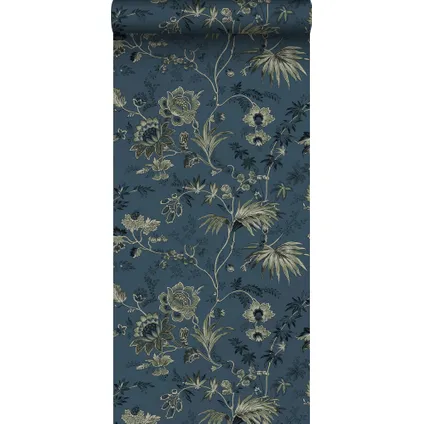 ESTAhome behang vintage bloemen donkerblauw en olijfgroen - 0,53 x 10,05 m - 139315