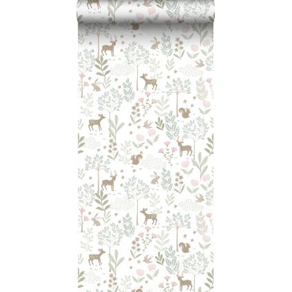 ESTAhome behang bos met bosdieren groen en roze - 53 cm x 10,05 m - 139519