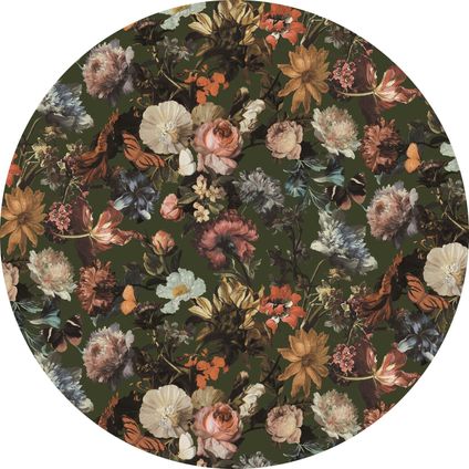 ESTAhome papier peint panoramique rond adhésif fleurs vert olive grisé - Ø 140 cm - 159013
