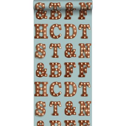 ESTAhome behang houten licht letters vintage blauw en sepia bruin - 0,53 x 10,05 m