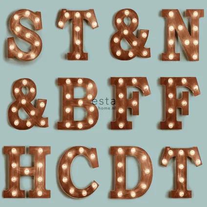 ESTAhome behangpapier houten licht letters vintage blauw en sepia bruin 6