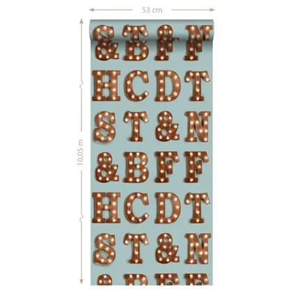 ESTAhome behangpapier houten licht letters vintage blauw en sepia bruin 8