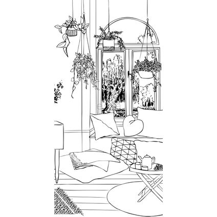 ESTAhome fotobehang tekening woonkamer lounge zwart wit - 1,395 x 2,79 m - 158814