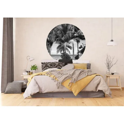 papier peint panoramique rond adhésif paysage tropical avec des palmiers noir et blanc 2