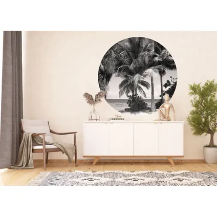 papier peint panoramique rond adhésif paysage tropical avec des palmiers noir et blanc 4