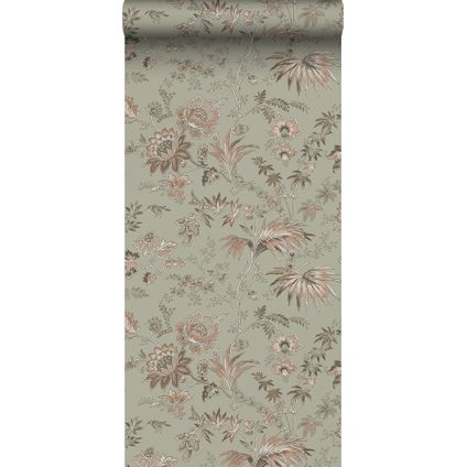 ESTAhome behang vintage bloemen vergrijsd mintgroen en zacht roze - 53 cm x 10,05 m