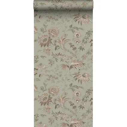 ESTAhome behang vintage bloemen vergrijsd mintgroen en zacht roze - 53 cm x 10,05 m