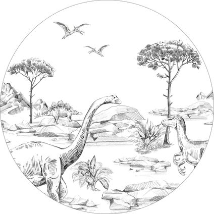 ESTAhome papier peint panoramique rond adhésif dinosaures noir et blanc - Ø 70 cm - 159073