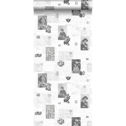ESTAhome behang vintage ansichtkaarten zwart en wit - 53 cm x 10,05 m - 138128