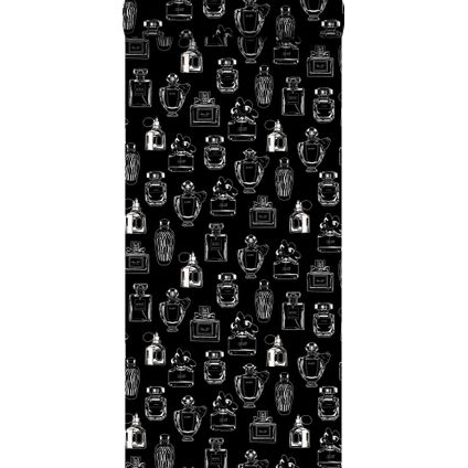 ESTAhome behang parfum flesjes zwart en wit - 0,53 x 10,05 m - 128827