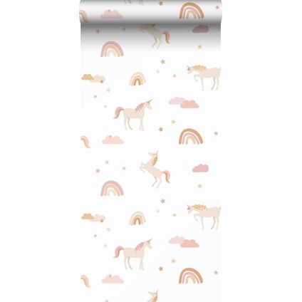 ESTAhome behangpapier unicorns wit, zacht roze en okergeel - 53 cm x 10,05 m - 139581