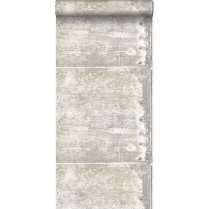 behangpapier grote verweerde roestige metalen platen met klinknagels gebroken wit