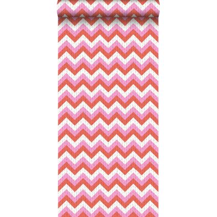 ESTAhome behang zigzag motief koraalrood en roze - 53 cm x 10,05 m - 138135
