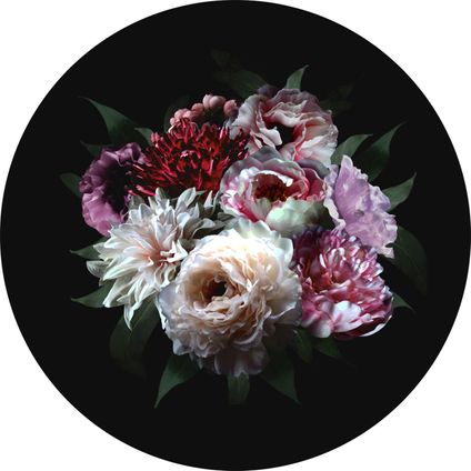 ESTAhome papier peint panoramique rond adhésif nature morte de fleurs multicolore sur noir - Ø 70 cm