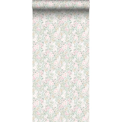 ESTAhome behang bloemetjes zacht roze en groen - 53 cm x 10,05 m - 139532