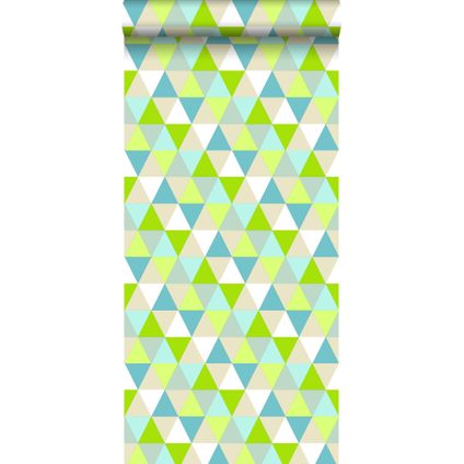 ESTAhome behangpapier driehoekjes limegroen, turquoise en beige - 53 cm x 10,05 m
