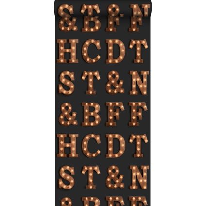 ESTAhome behangpapier houten licht letters zwart en sepia bruin - 0,53 x 10,05 m