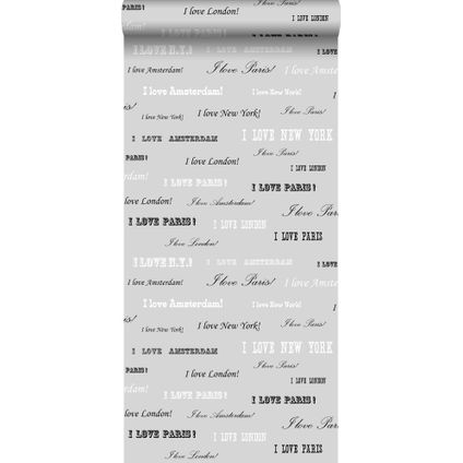 ESTAhome behangpapier I love Paris - quotes zilver en zwart - 53 cm x 10,05 m