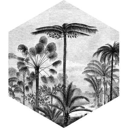ESTAhome muursticker tropisch landschap met palmbomen zwart wit - 140 x 161 cm