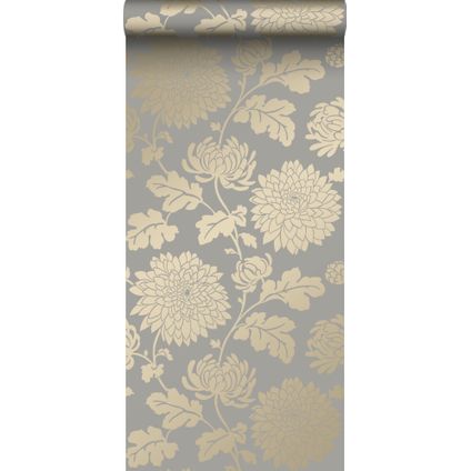 Origin Wallcoverings behangpapier bloemen taupe en glanzend brons - 53 cm x 10,05 m