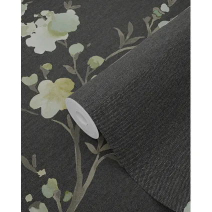 ESTAhome eco-texture vliesbehangpapier kersenbloesems groen, okergeel en zwart 8