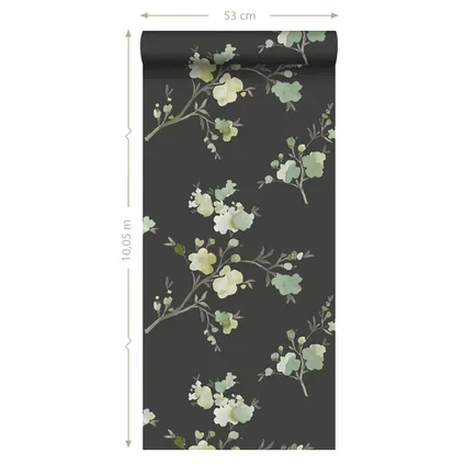 ESTAhome eco-texture vliesbehangpapier kersenbloesems groen, okergeel en zwart 10