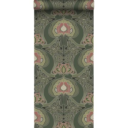 ESTAhome behang vintage bloemen in art nouveau stijl donkergroen - 0.53 x 10.05 m