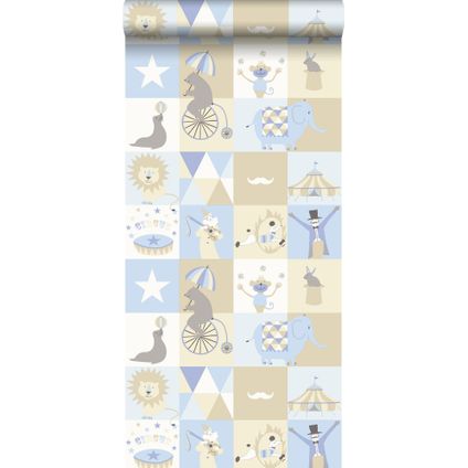 ESTAhome behangpapier circus figuren lichtblauw, beige en wit - 53 cm x 10,05 m