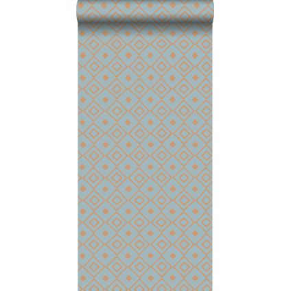 ESTAhome behangpapier ruiten vintage blauw en glanzend koper bruin - 0,53 x 10,05 m