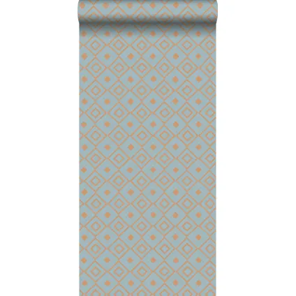 ESTAhome behangpapier ruiten vintage blauw en glanzend koper bruin - 0,53 x 10,05 m