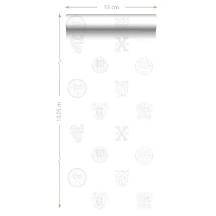 ESTAhome behang school emblemen zilver op wit - 53 cm x 10,05 m - 128805 10