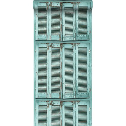 ESTAhome behang verweerde houten Franse vintage louvre luiken vergrijsd turquoise