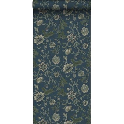 ESTAhome behangpapier vintage bloemen donkerblauw en groen - 0.53 x 10.05 m - 139416