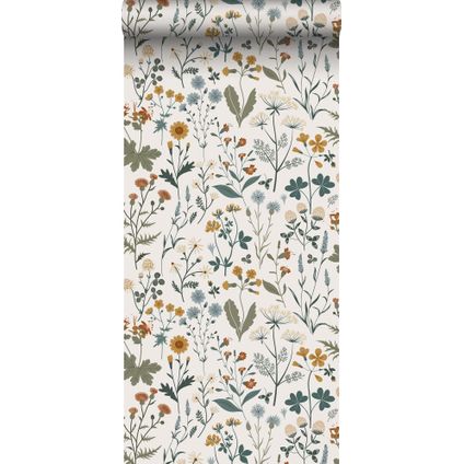 ESTAhome papier peint fleurs des champs jaune ocre, vert grisé et vintage bleu - 0,53 x 10,05 m